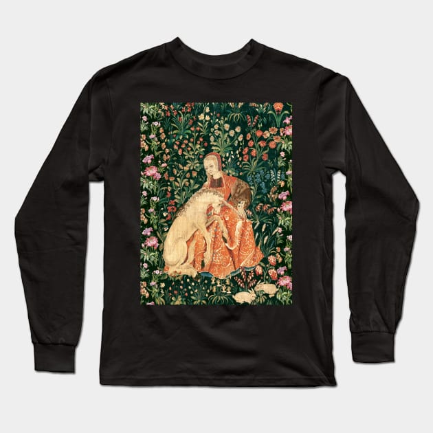 LADY AND UNICORN AMONG FLOWERS ,HARES,Red Green Floral Long Sleeve T-Shirt by BulganLumini